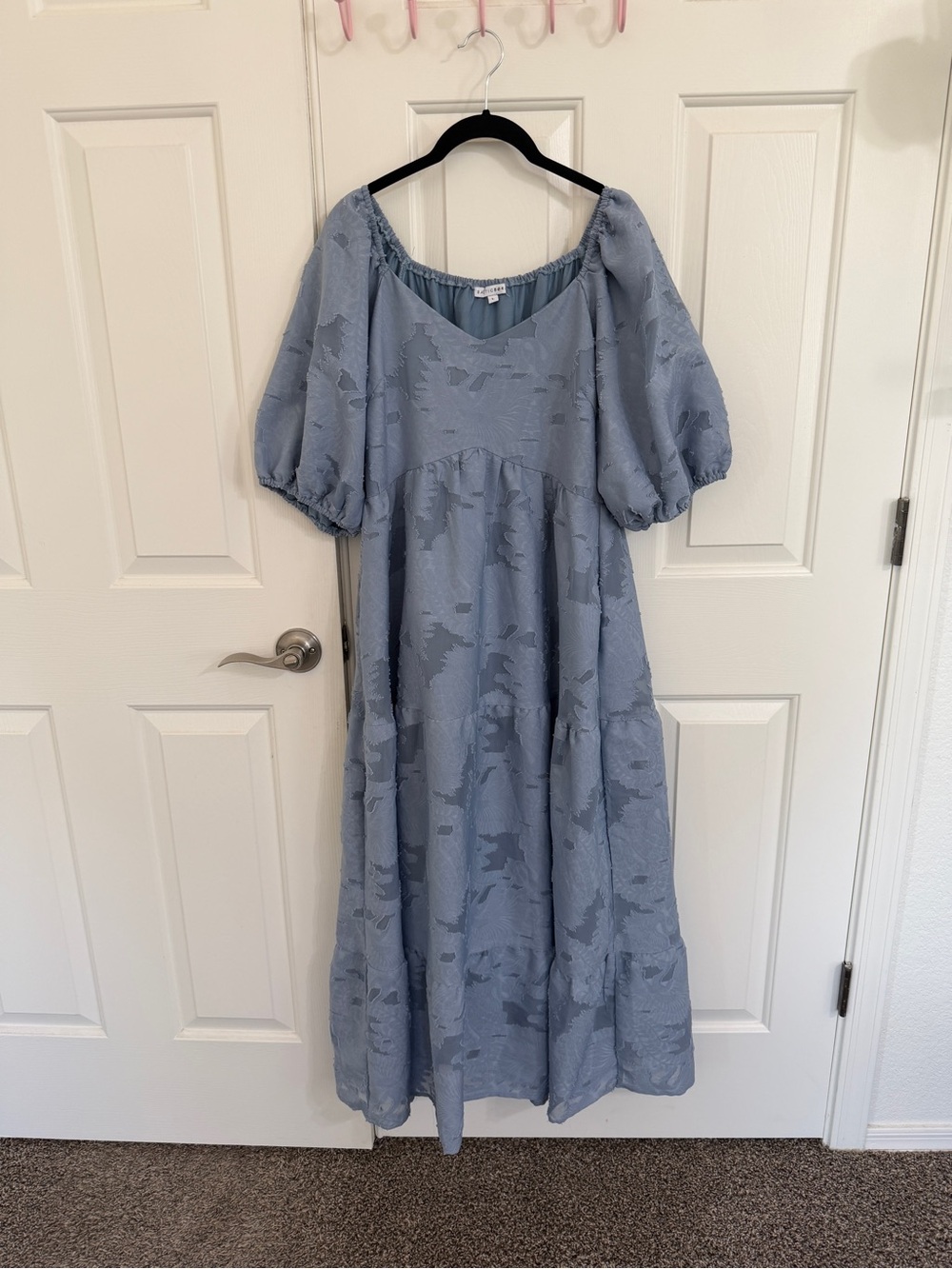 Baltic Born L Dusty Blue Floral Jacquard Puff Sleeve Maxi Dress Pockets